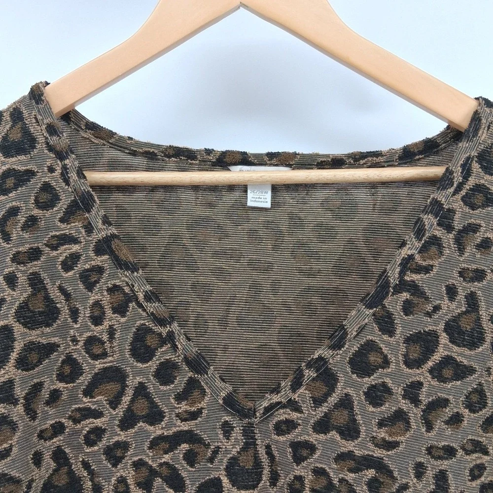 Cato 26/28W Leopard Print Midi Dress Brown Black‎ V Neck T Shirt Dress Plus Size